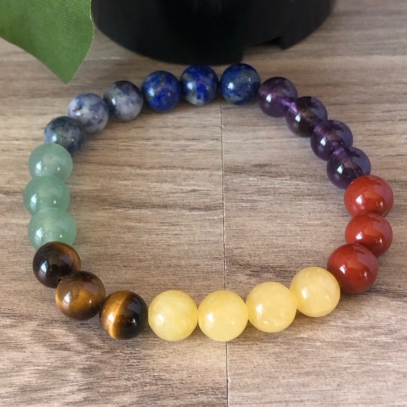 7 Chakras Natural Stone Beads Stretchable Bracelet 7" - 8mm Beads Best Gift - Picture 2 of 3